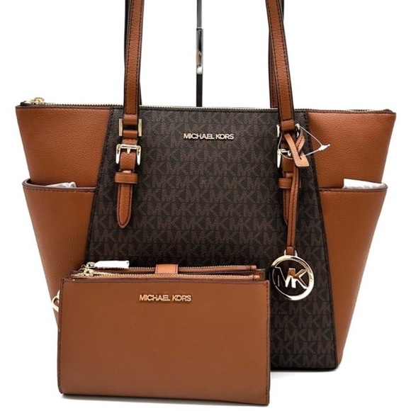 Michael Kors Large Charlotte Tote Bag & Large Double Zip Wallet Brown (NWT) - Picture 1 of 14